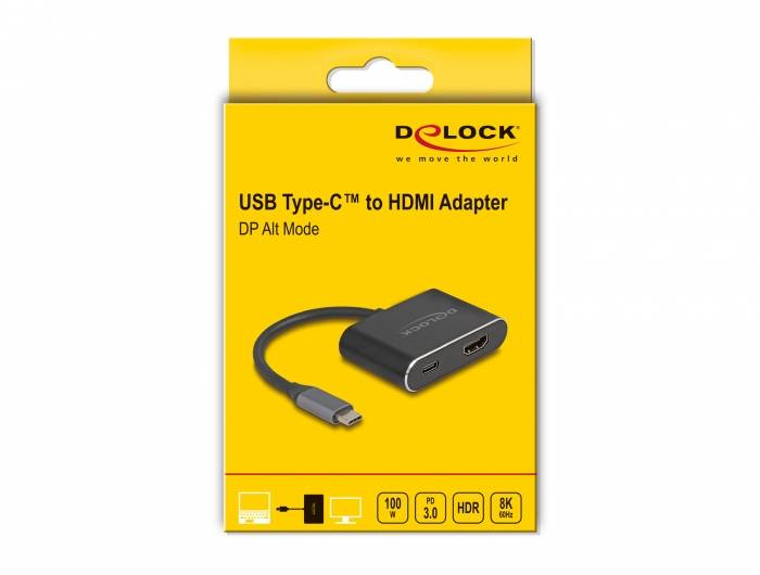 Un emballage jaune présente un adaptateur USB Type-C vers HDMI de la marque Delock. Prend en charge 4K, HD et HDR.