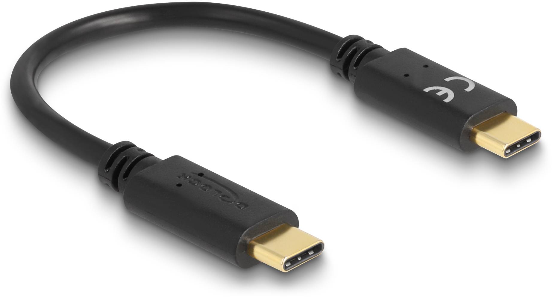 Un câble USB-C avec des connecteurs noirs aux deux extrémités, adapté pour connecter et charger des appareils.