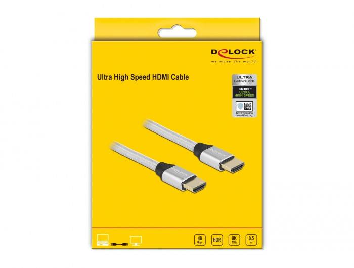 Emballage jaune portant l'inscription 'Câble HDMI Ultra Haute Vitesse'. Illustration de deux câbles HDMI. Marque : Delock.
