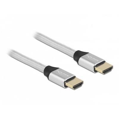 Deux câbles HDMI argentés de Delock avec gaine tressée de protection. Ils sont adaptés pour connecter des appareils vidéo.