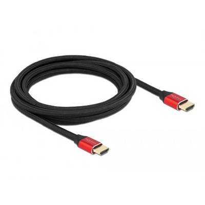 Câble HDMI noir avec des connecteurs rouges, enroulé et posé côte à côte.