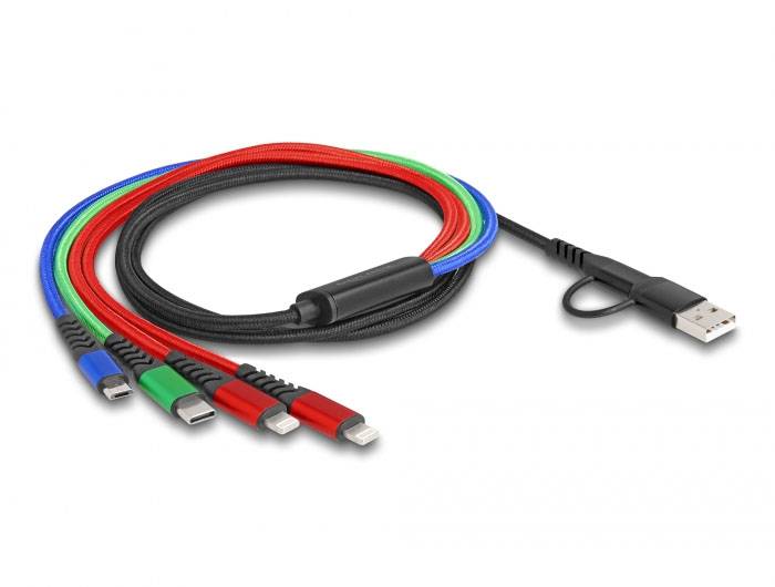 Un câble USB à quatre connecteurs, codé par couleurs en bleu, vert, rouge et noir, illustre sa compatibilité avec différents appareils.