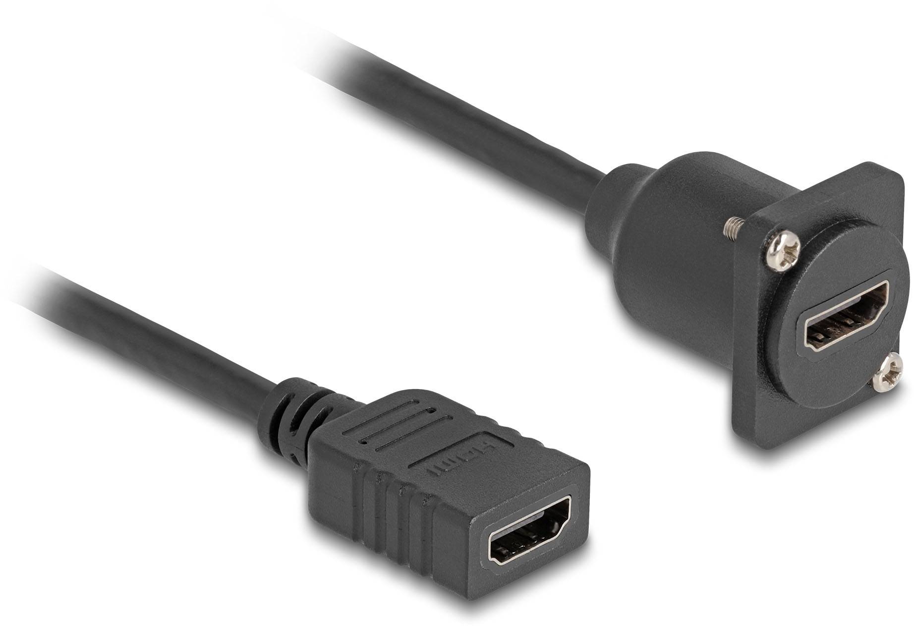 Câble HDMI avec rallonge, fiche standard à gauche, embase encastrable à droite, noir. Adapté pour l'extension d'appareil.