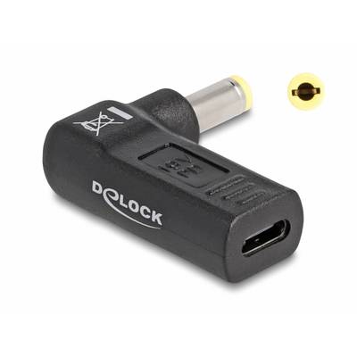 Adaptateur USB-C de Delock avec boîtier noir et fiche ronde marquée en jaune.