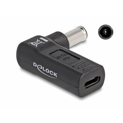 Un adaptateur noir avec le logo 'Delock'. Il dispose d'un port USB-C d'un côté et d'une fiche cylindrique de l'autre.