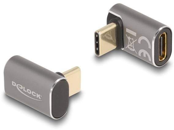 Deux adaptateurs USB-C coudés à 90 degrés, au design argenté. La marque 'Delock' est visible sur l'un des adaptateurs.