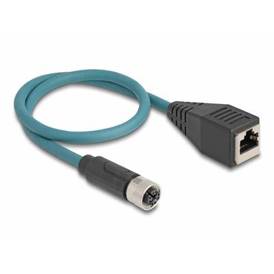 Un câble bleu avec une fiche ronde à 8 broches sur le côté gauche et une fiche RJ45 sur le côté droit.