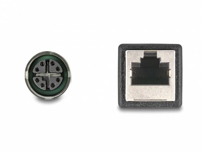Deux types de fiches différents : à gauche, une connexion ronde à quatre broches, à droite, une prise Ethernet carrée et rectangulaire.