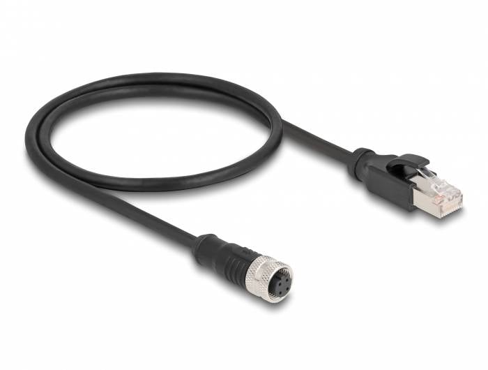 Un câble noir avec une fiche RJ45 d'un côté et une fiche ronde M12 de l'autre côté, pour une connexion industrielle.
