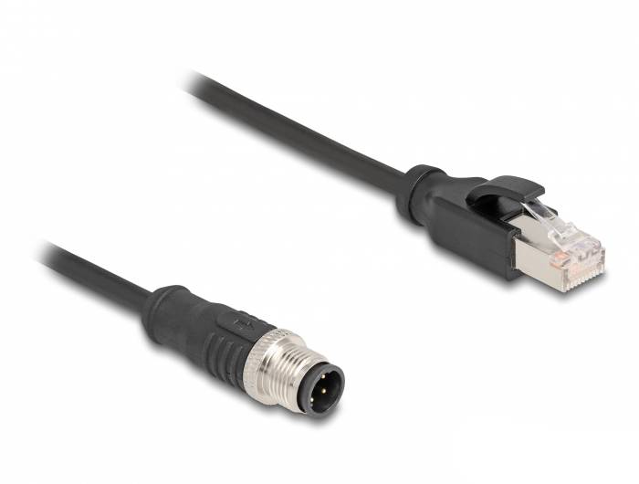 'Une fiche M12 et une fiche RJ45 aux extrémités d'un câble réseau noir.'