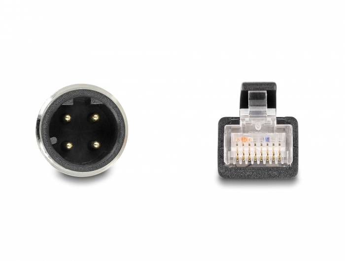 'Une fiche XLR à trois broches à gauche et un connecteur réseau RJ45 à huit contacts à droite.'