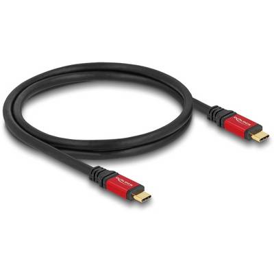 Câble HDMI noir avec des connecteurs rouges, adapté pour les transmissions vidéo et audio, illustré sur un fond blanc.