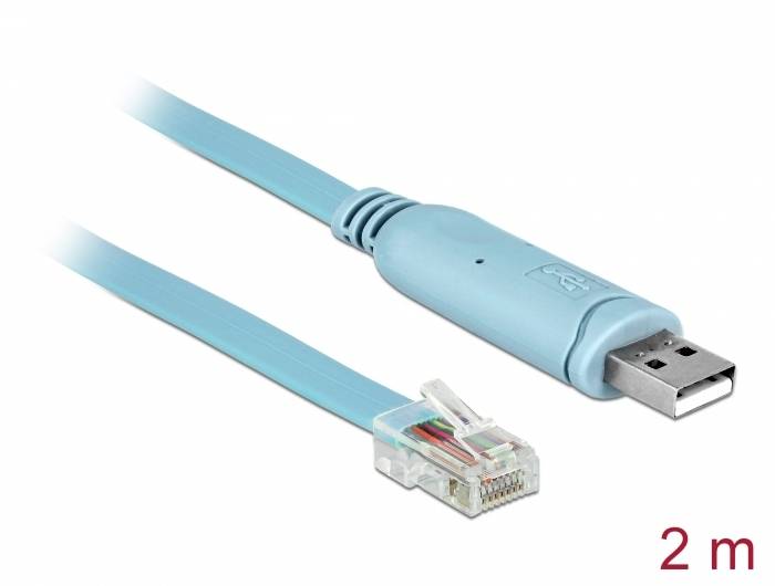 Un câble adaptateur USB-RJ45 bleu d'une longueur de 2 mètres. À gauche se trouve la fiche RJ45, à droite le port USB.