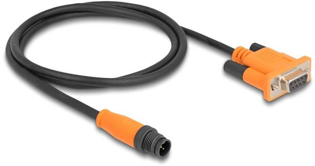 Câble de données noir avec connecteurs orange, l'un pour interface série, l'autre avec une fiche ronde.