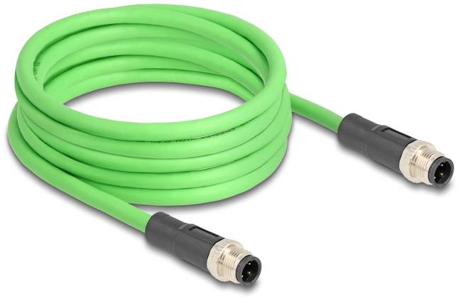 Câble de connexion vert avec fiches métalliques aux deux extrémités, enroulé. Adapté aux applications industrielles ou électroniques.