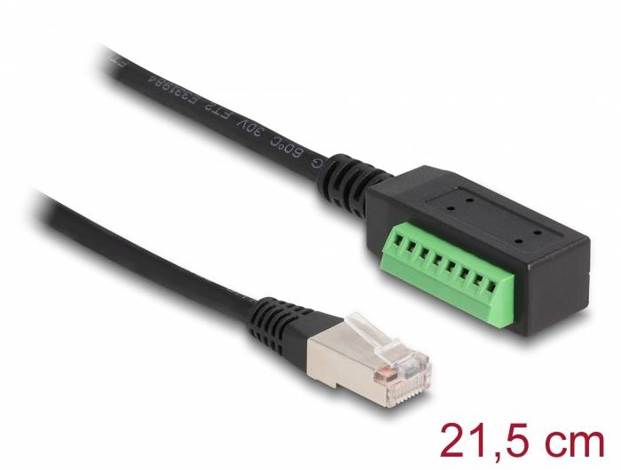 Un câble noir avec un adaptateur vert sur un côté et une prise RJ45 argentée de l'autre côté ; longueur : 21,5 cm.