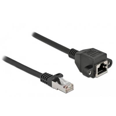 Un câble Ethernet noir avec une fiche RJ45 sur le côté gauche et une prise Ethernet sur le côté droit.