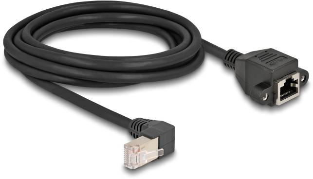 Câble Ethernet noir avec connecteur RJ45 coudé d'un côté et un coupleur RJ45 de l'autre. Idéal pour les connexions réseau.