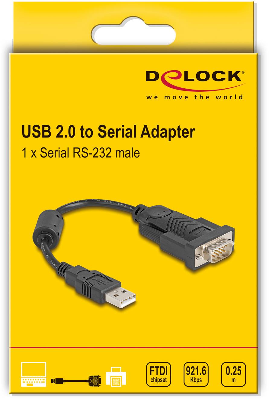 'Adaptateur USB 2.0 vers Série' dont l'emballage présente un câble adaptateur avec des connecteurs USB et RS-232 série, adapté pour 921,6 Kbps.