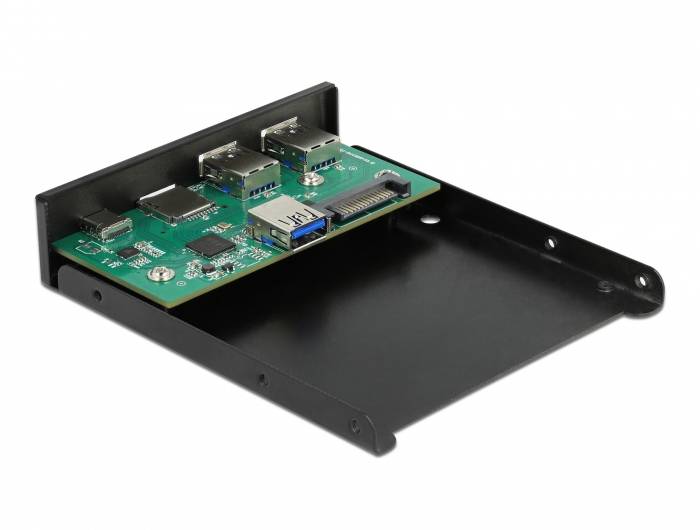 Carte d'extension pour PC avec ports USB. Comprend des ports USB 3.0 et USB-C, montés sur un support métallique pour une utilisation interne.
