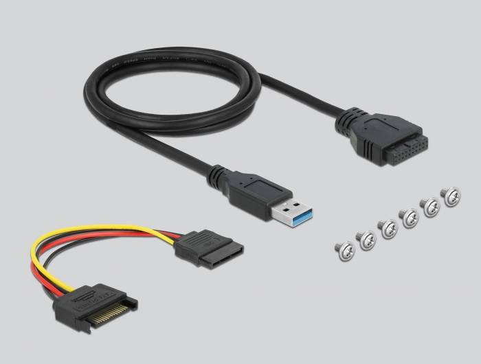 Câble USB avec fiche noire, adaptateur d'alimentation SATA avec fils rouge et jaune, six vis argentées à côté sur un fond gris.