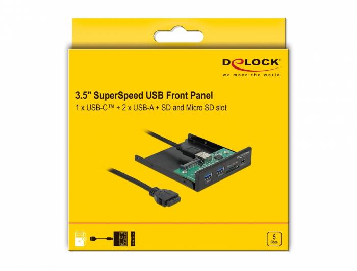 Image d'un panneau frontal USB SuperSpeed Delock 3,5" avec 1 port USB-C, 2 ports USB-A, lecteur de carte SD et MicroSD. Comprend les accessoires d'installation.