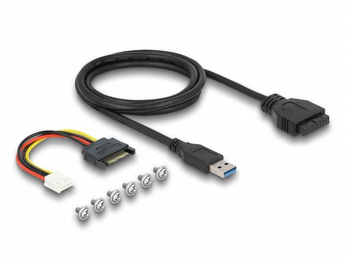 Un câble USB, un adaptateur SATA vers Molex et six vis sur fond blanc. Accessoires pour matériel informatique.