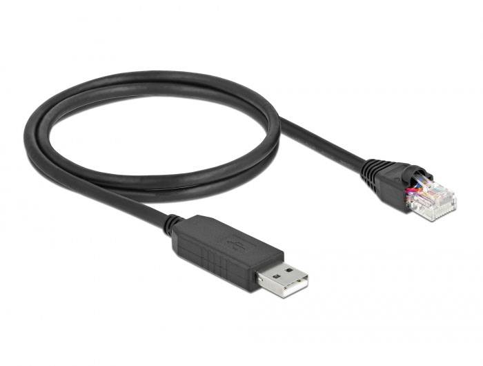 Un câble noir avec une fiche USB d'un côté et une fiche RJ45 de l'autre. Utilisé pour les connexions réseau.