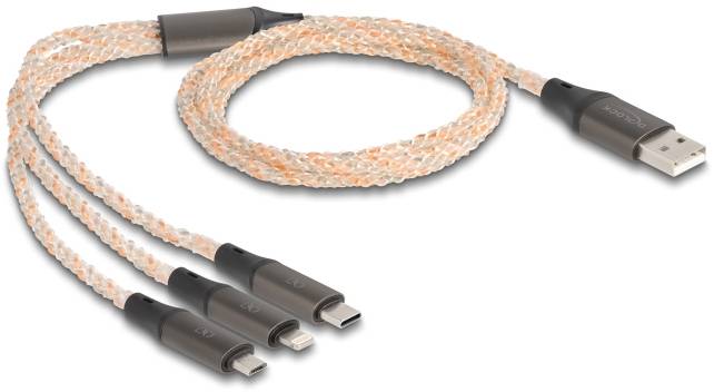 Câble USB tressé avec une fiche et trois ports USB Type-C.