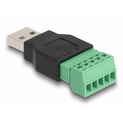 Un adaptateur USB vers bornier avec un boîtier en plastique noir et des bornes de connexion vertes. Utilisé pour connecter des câbles avec une interface USB.