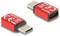 Un adaptateur USB-C rouge de Delock avec marquage CE, montrant deux perspectives : l'une représentant l'entrée, l'autre la fiche.
