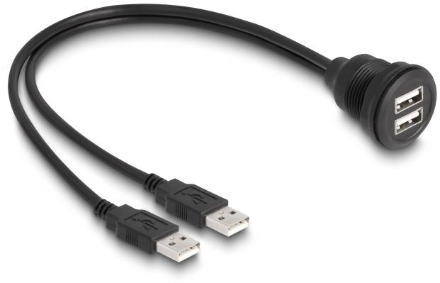 Câble USB à deux connecteurs : Une extrémité comporte deux fiches USB, l'autre extrémité est un boîtier encastrable avec deux ports USB.
