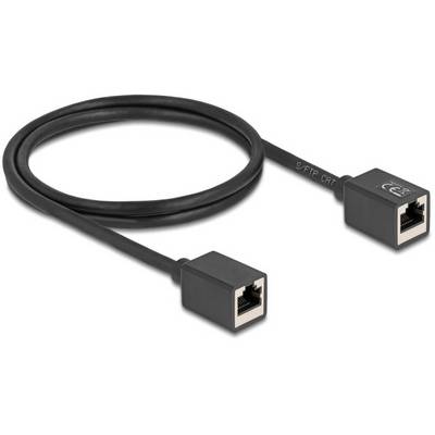 Un câble réseau noir avec deux connecteurs RJ45, adapté aux connexions Ethernet. Il est enroulé et étiqueté 'S/FTP CAT'.