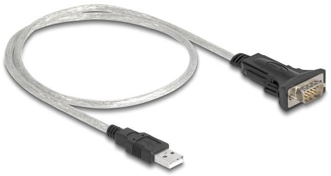 Adaptateur USB vers RS232, câble argenté avec connecteurs USB noir et RS232, conçu pour convertir les signaux USB en signaux série.