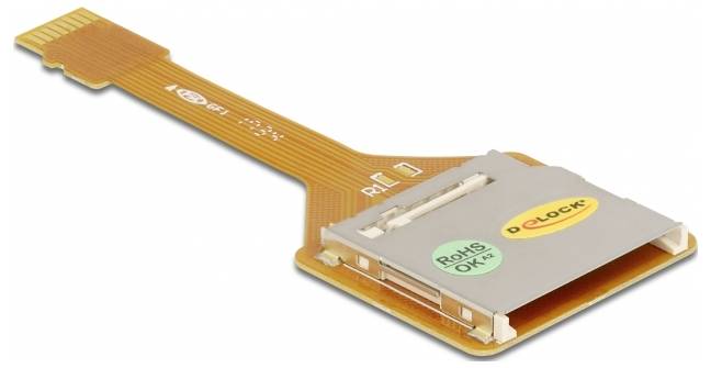 Un adaptateur flexible pour cartes MicroSD avec marquage CE et RoHS, permettant une connexion facile dans les appareils à espace limité.