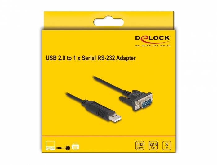 Adaptateur USB vers Série RS-232 de la marque Delock en emballage jaune, avec illustrations de l'adaptateur et spécifications techniques.