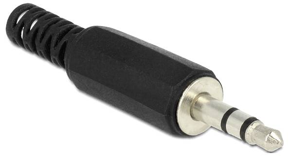 Fiche jack 3,5 mm noire avec embout argenté, couramment utilisée pour les écouteurs et les connexions audio.