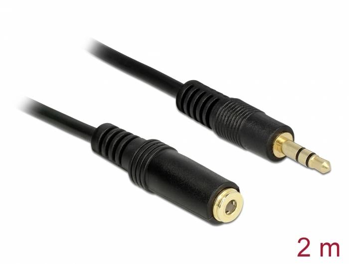 Câble jack 2 broches : prise femelle à gauche, prise mâle à droite, longueur de 2 mètres. Câbles noirs avec connecteurs dorés.