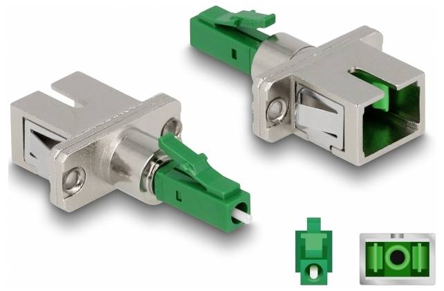 Adaptateur hybride LC/SC, boîtier métallique, avec une embase SC verte et une fiche LC verte pour câbles à fibre optique.