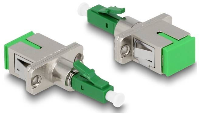 'Deux adaptateurs LC à fibre optique avec levier vert et boîtier métallique, convenant aux connexions optiques.'