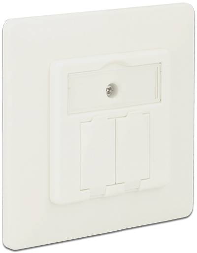 Plaque de prise murale carrée en plastique blanc, avec cache-prise et vis centrale.
