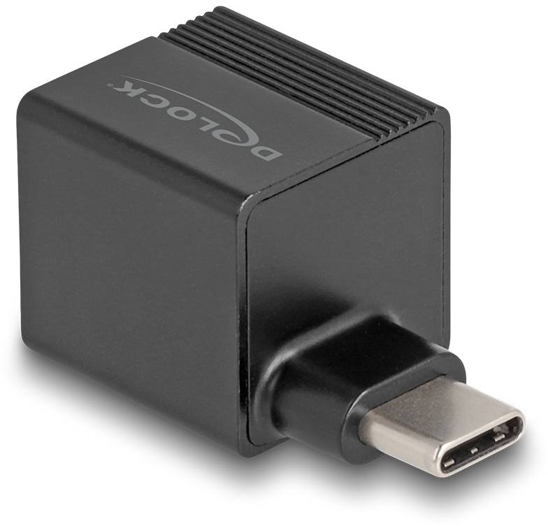 Un adaptateur USB-C noir de Delock au design compact et parallélépipédique.