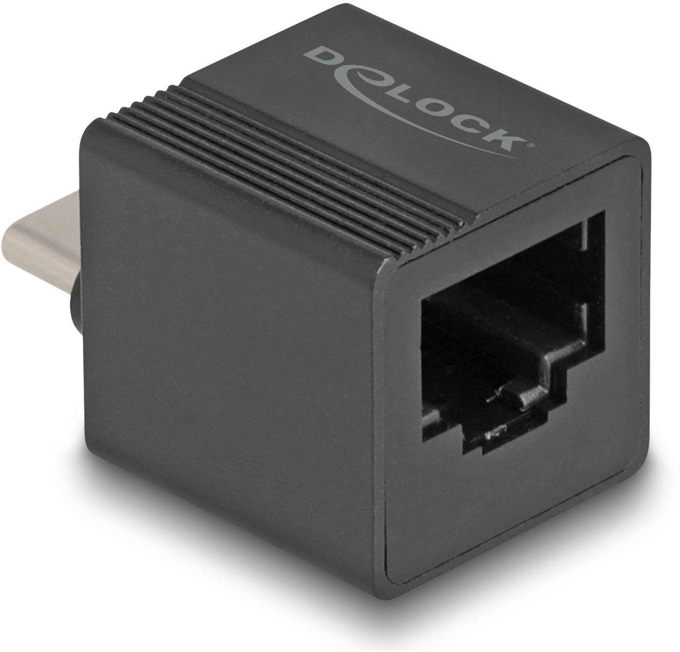 Adaptateur réseau RJ45 noir avec connecteur USB-C, adapté pour connecter des câbles réseau aux appareils USB-C.
