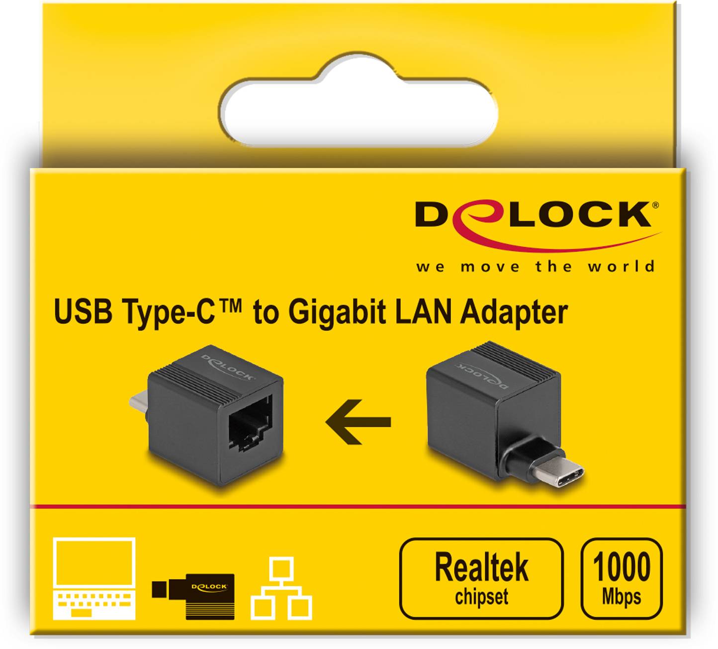 Adaptateur LAN Gigabit USB Type-C™ de Delock sur emballage jaune. Image montrant l'adaptateur avec ses connexions. Prend en charge 1000 Mbps.