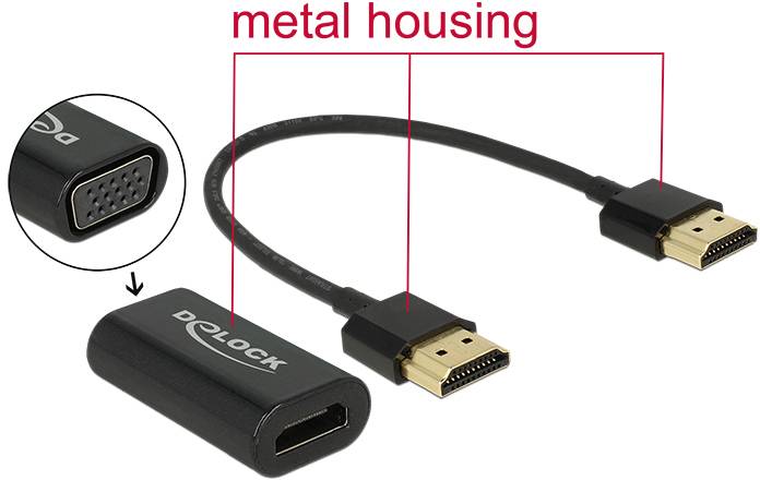 Un câble adaptateur avec deux connexions, une fiche ovale centrale et une fiche rectangulaire, portant l'inscription 'Delock'.