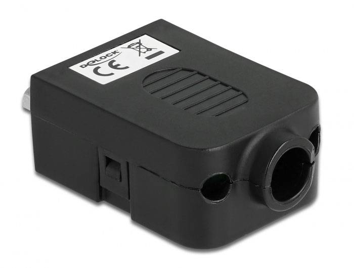 Adaptateur noir avec marquage CE, adapté aux prises électriques européennes. Porte un symbole indiquant qu'il ne doit pas être jeté avec les ordures ménagères.