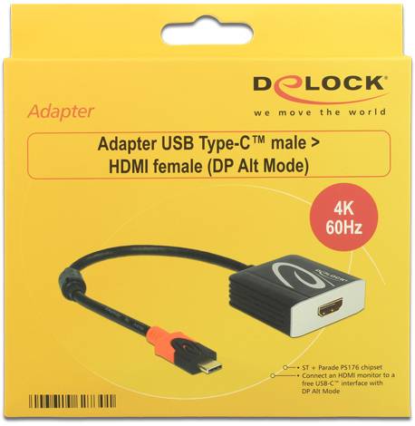 Adaptateur Delock USB Type-C mâle vers HDMI femelle (Mode Alt DP), 4K 60Hz