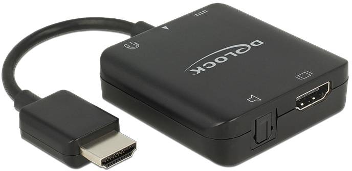 Adaptateur noir avec fiche HDMI vers un boîtier à plusieurs connexions. L'inscription 'DELOCK' est visible sur le boîtier.