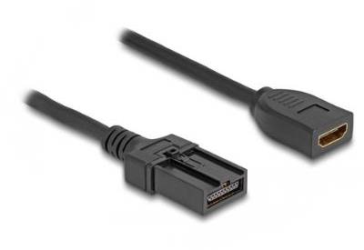 Un câble USB noir avec une fiche standard d'un côté et un port HDMI de l'autre repose sur un fond blanc.