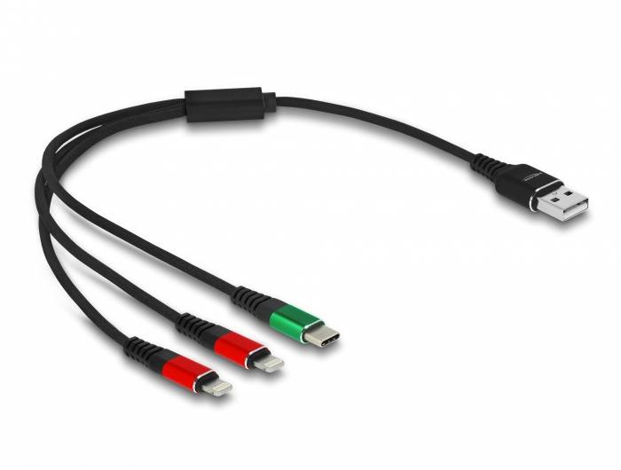 Un câble USB se connecte à trois différents connecteurs, adaptés à différents ports d'appareils.